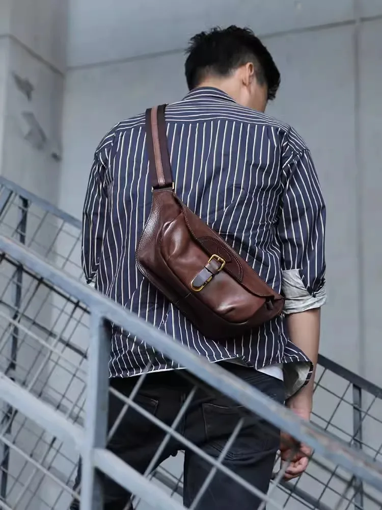 Vintage Mens High Quality Cowhide Genuine Leather Shoulder Bag Casual Strap Crossbody Chest Bag Handmade Comfortable Sling Bag