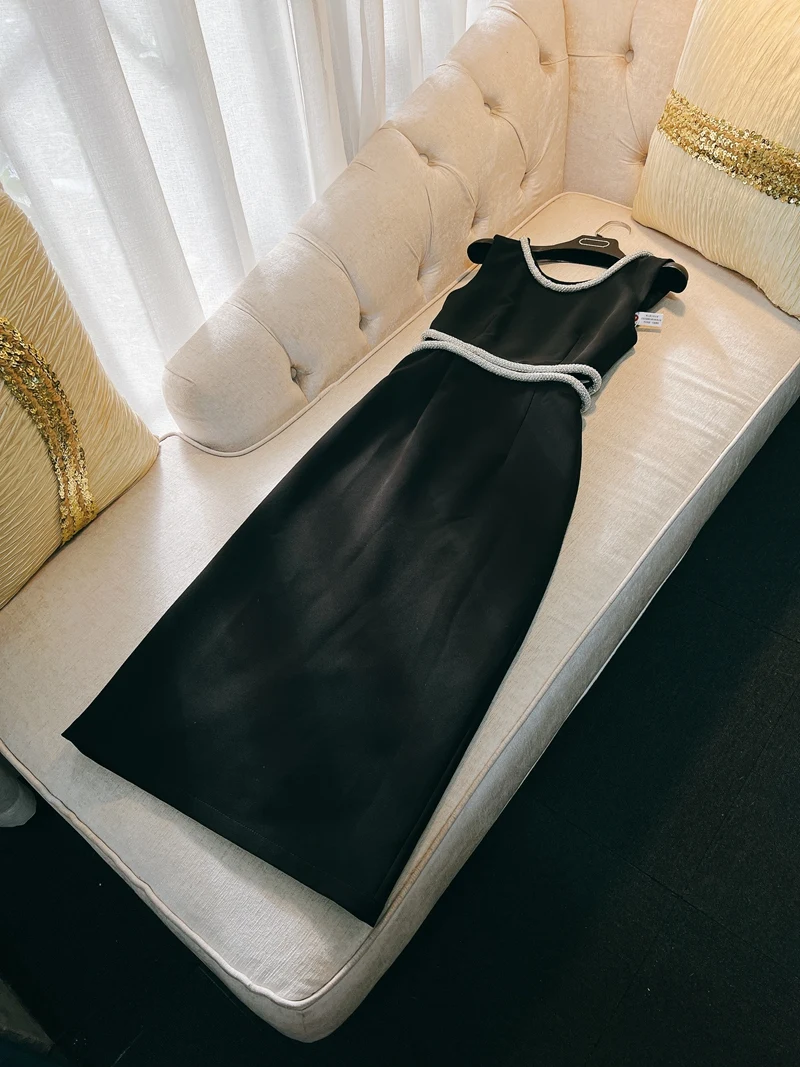 

Ele Bla Dr Retro Sle Sexy Hollow out Waist Design Women's Faion Diamond Embellied Midi Dr Spring Season