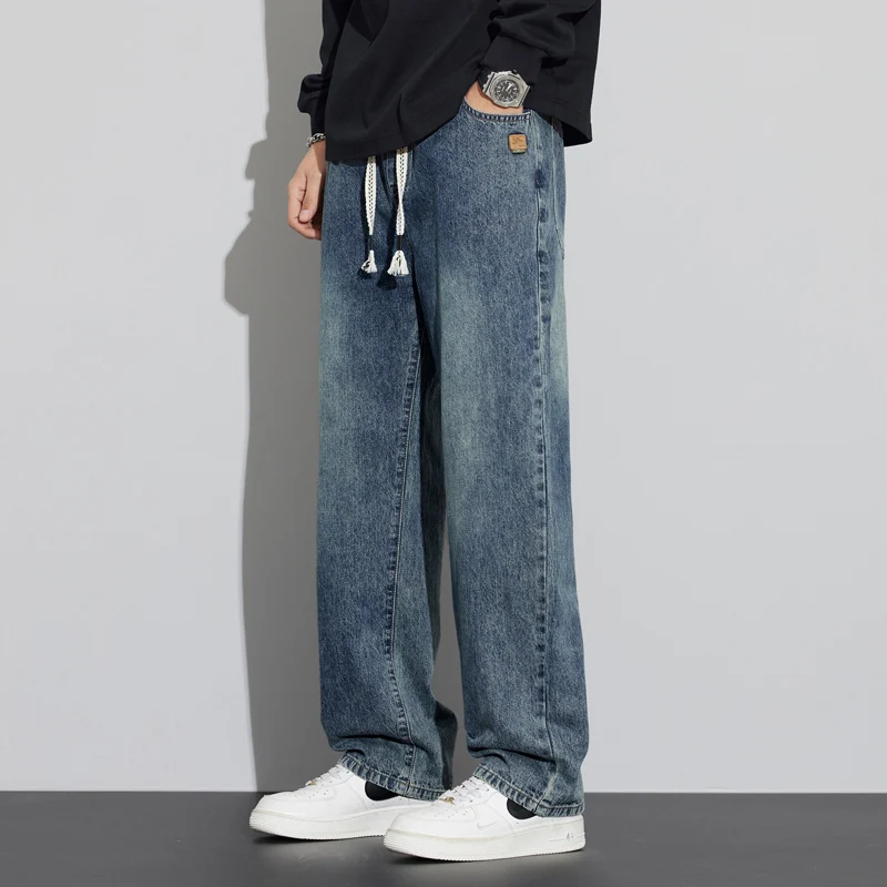 Vaqueros de pierna recta de ajuste regular para hombre, pantalones vaqueros informales con cordón y cintura elástica, pantalones vaqueros ligeros de carpintero