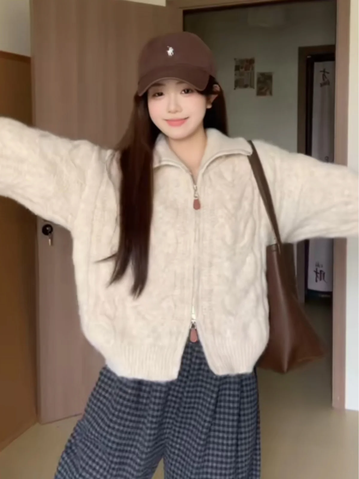 Feminino thiened outono inverno zíper de malha cardigan camisola gola preguiçoso sle outerwear casual confortável solto ajuste