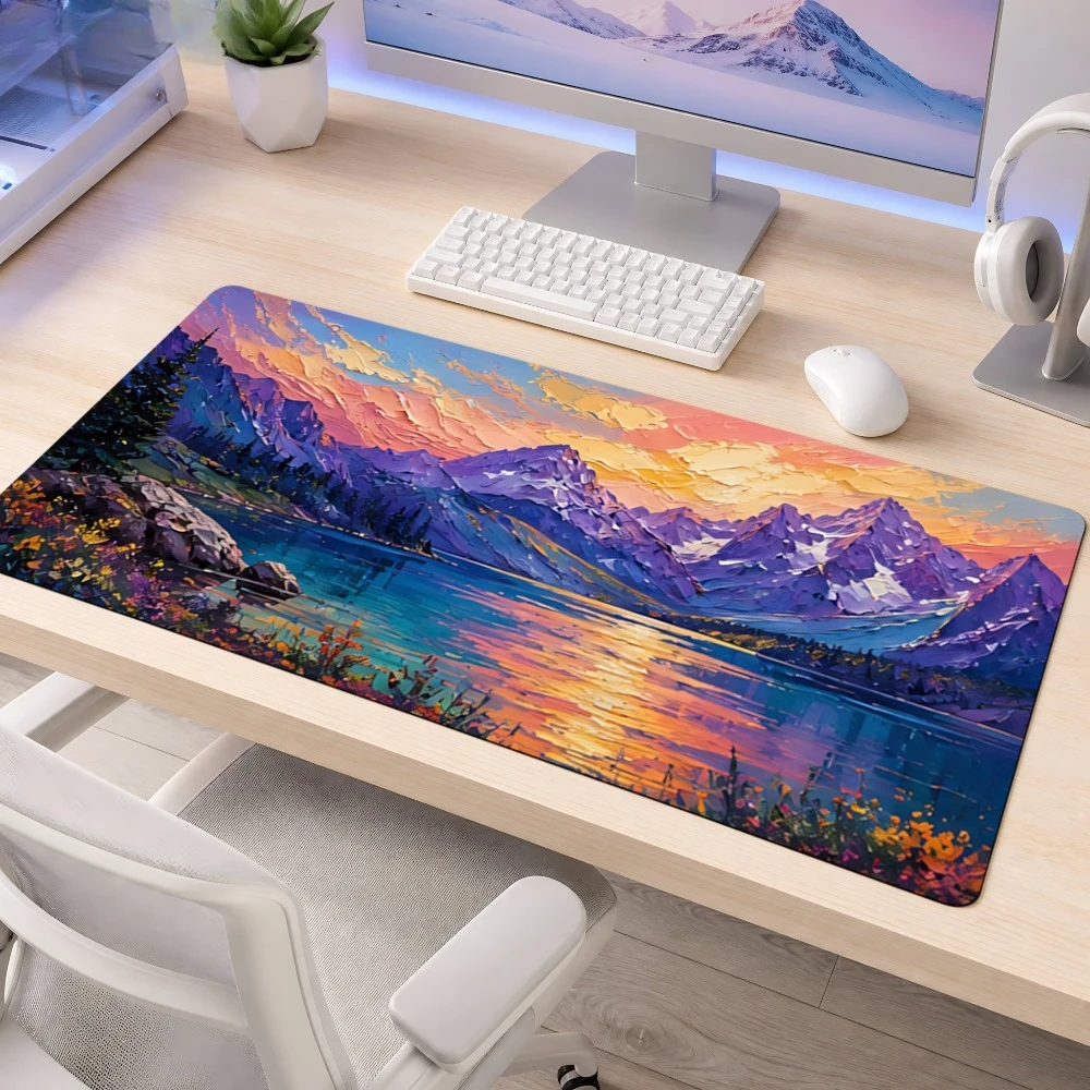 Blue and purple mountain lake sunset landscape pattern mouse pad, anti-slip, suitable for computer desk, decoration accessories