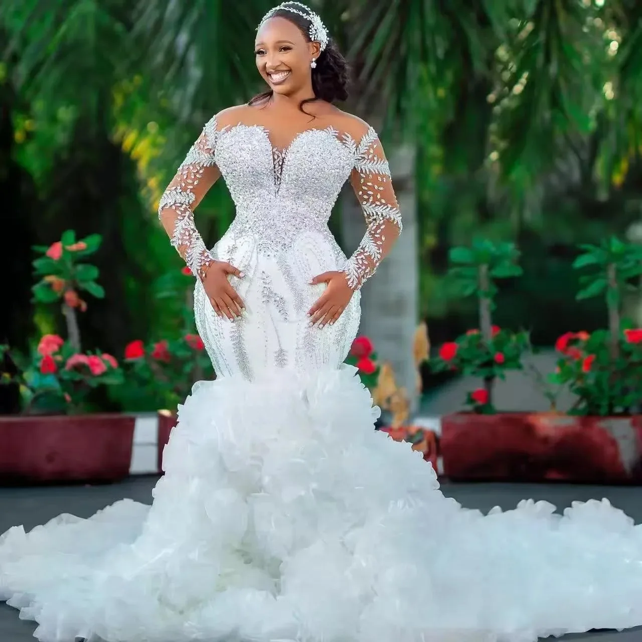 Customized Crystals Rhinestones African Mermaid Wedding Dress Long Sleeves Multi-Layered Ruffles Bridal Gowns Garden Vestido