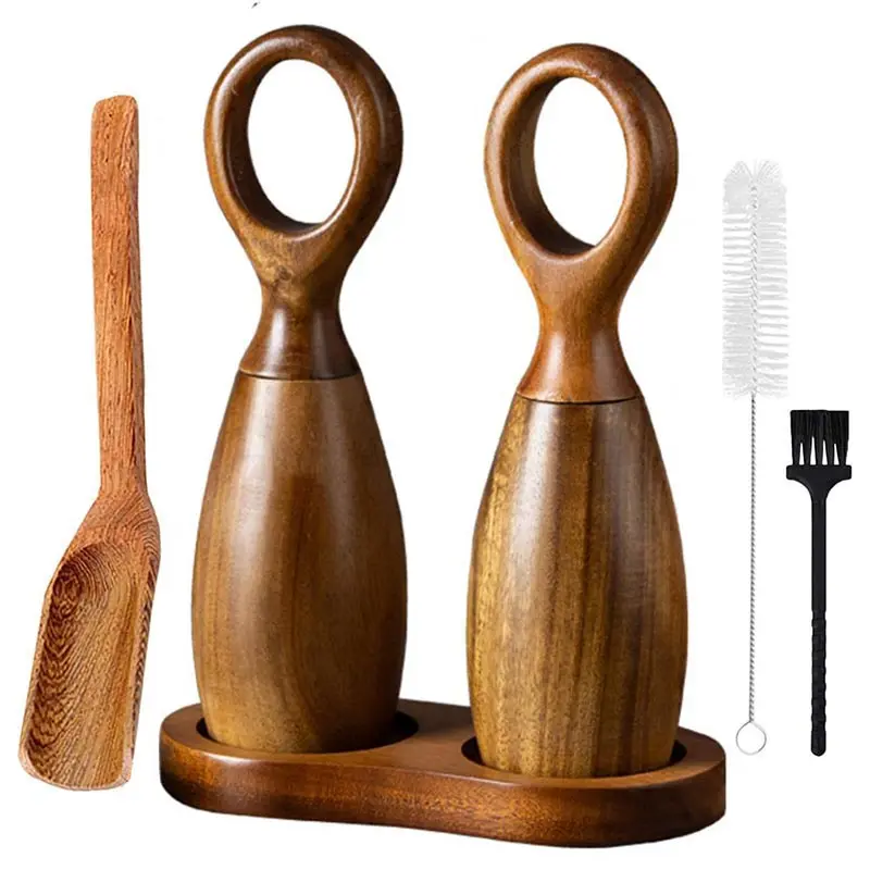 Acacia Wood Pepper Grinder Sets With Base Spoon Nordic Western Restaurant Sea Salt Grinder Bottle Pepper Mills Seasoning Bottle