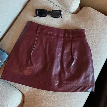 Wine Red PU Leather Skirts for Women Sexy Clubwear Hip-Wrapped Leather Mini Skirt Female Spring Autumn Anti-Glare Short Skirts 4