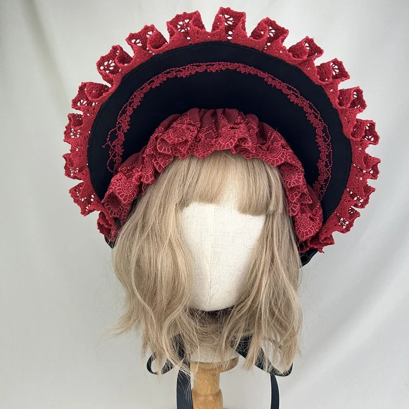 Gotycka Czapka typu Bonnet Lolita Dziewczęca Czapka Pokojówki Cosplay Nakrycie Głowy Vintage Wiktoriańskie Wielowarstwowe Koronkowe Kapelusze