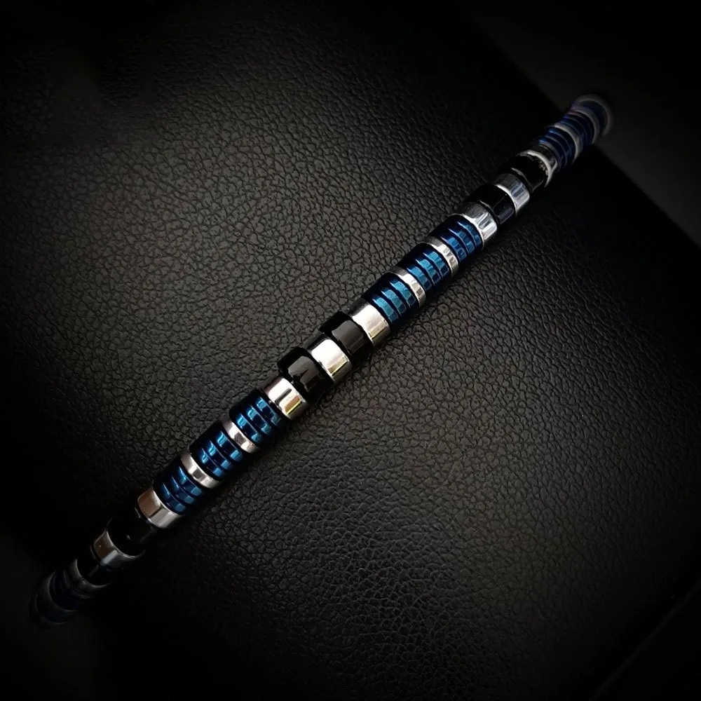 Blue-black gradient beaded fortune bracelet attracts wealth, prosperity, and success. Natural stone with mixed-color metal spacers, unisex jewelry for daily wear and gift giving