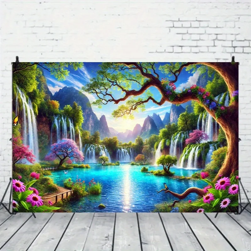 Fantasy Waterfall Landscape Tapestry Magical Forest River Mountains Nature Scenery Wall Art for Living Room Bedroom Meditation
