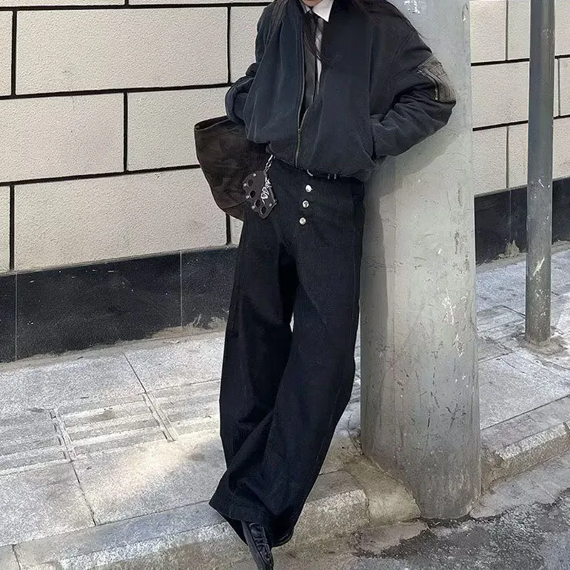 Japanese Korean Retro Breasted Black Jeans Curved Knife Pants Casual Loose Wide Leg Pants Straight Leg Pants