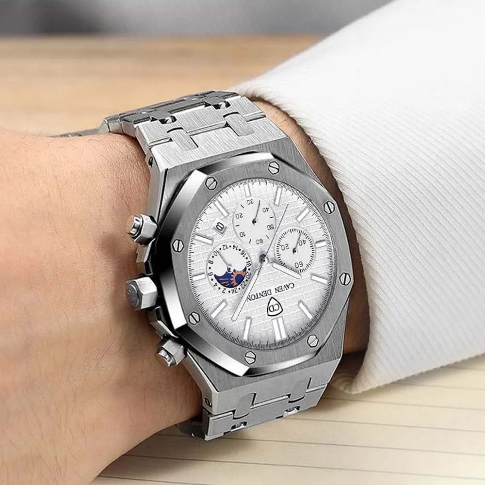 Caven denton relógios masculinos high-end três olhos seis mãos multifuncional fase da lua pulseira de aço inoxidável relógio masculino à prova dwaterproof água