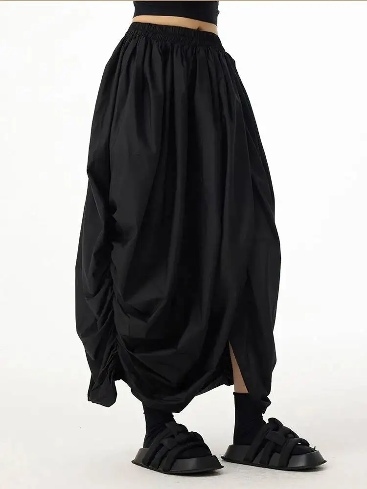 High Elastic Waist Black Pleated Irregular Casual A-line Half-body Skirt Women Fashion Tide New Spring Autumn