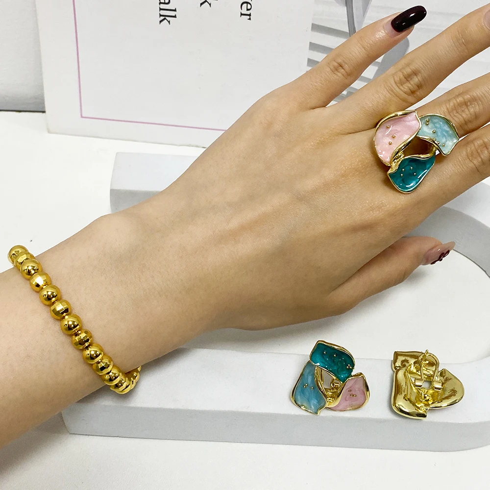 

Dopamine Color Jewelry Set For WomenTrendy Earrings Ring Gold Color Bangle Set Advanced Jewelry For Party Wedding Anniversary