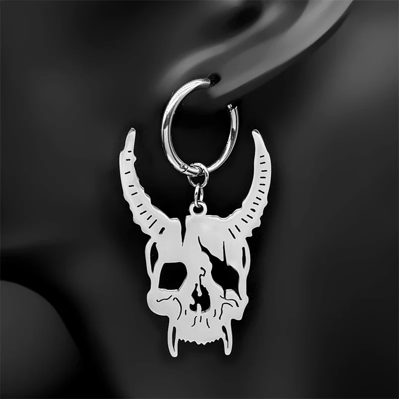 Stainless Steel Gothic Sheep Head Skull Necklace Earrings for Men Women Retro Religious Alternative Punk Party Jewelry Set