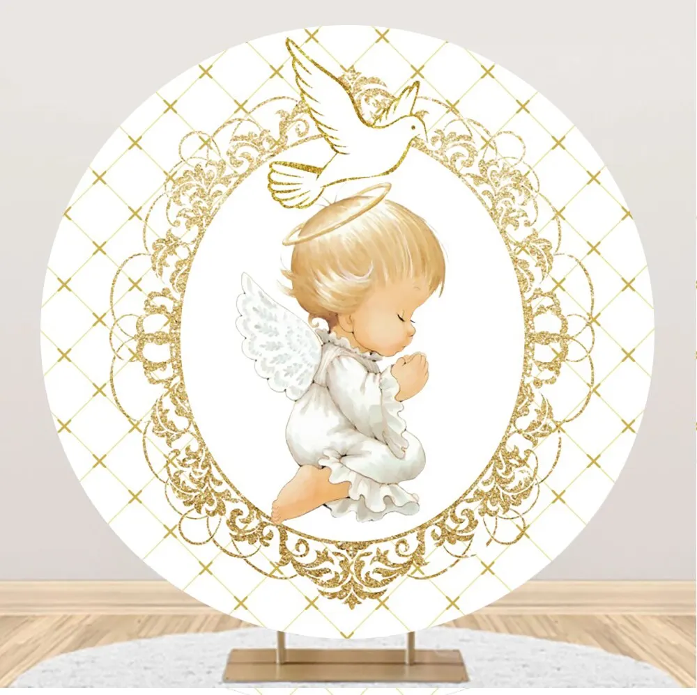 My Baptism Round Backdrop Cover My First Communion Boy Girl Angel Baby Shower Christening Party Decor Circle Background Covers