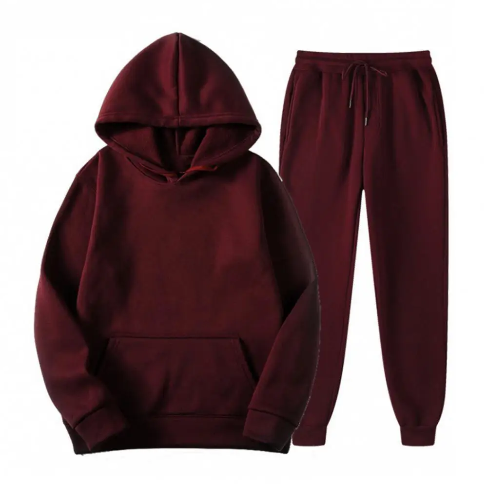 2 Pcs/Set Unisex Sports Suit Hooded Long Sleeve Loose Top with Pocket Spring Fall Tracksuit Drawstring Elastic Waist Ankle-bande