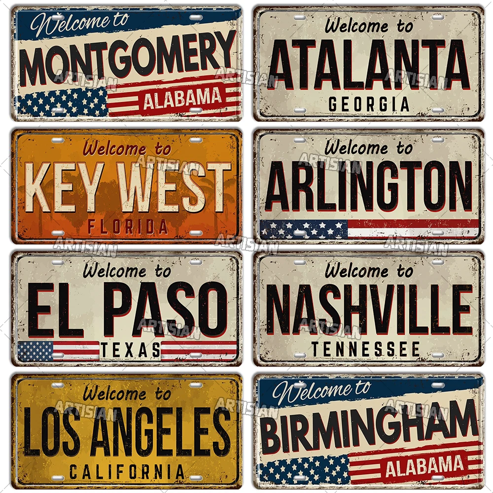 Artisian Welcome To USA City Car Plate US Landmark License Plate Decorative Metal Sign Wall Decor Garage Bar Pub Club Hotel Cafe