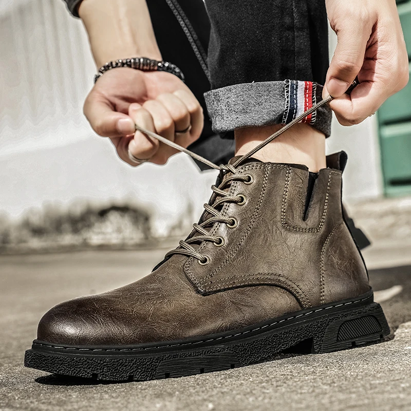 

High top boots for men, British style workwear motorcycle boots, summer black side zipper, mid rise soft leather boots for men