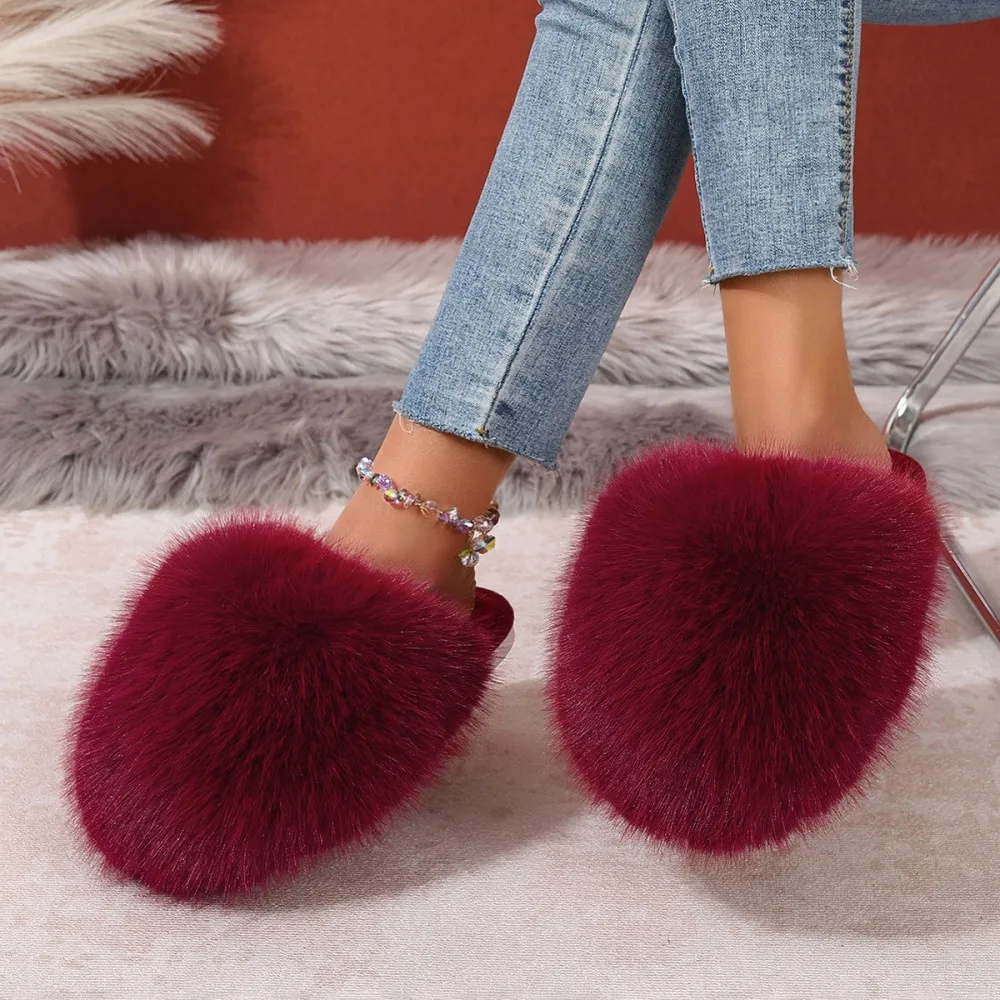 Winterfellige Damen-Hausschuhe, bequeme Flip-Flops, flache Pantoffeln, Indoor-Schlafzimmer-Plüschschuhe für Damen – Detail 6