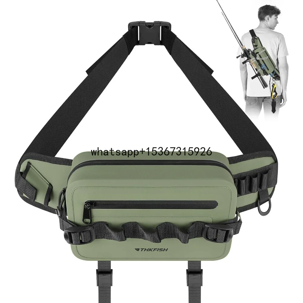 Waterproof Fishing Waist Pack with Fishing Rod Holder, Fishing Tackle Bag with Adjustable Strap, Airtight Zipper Closure