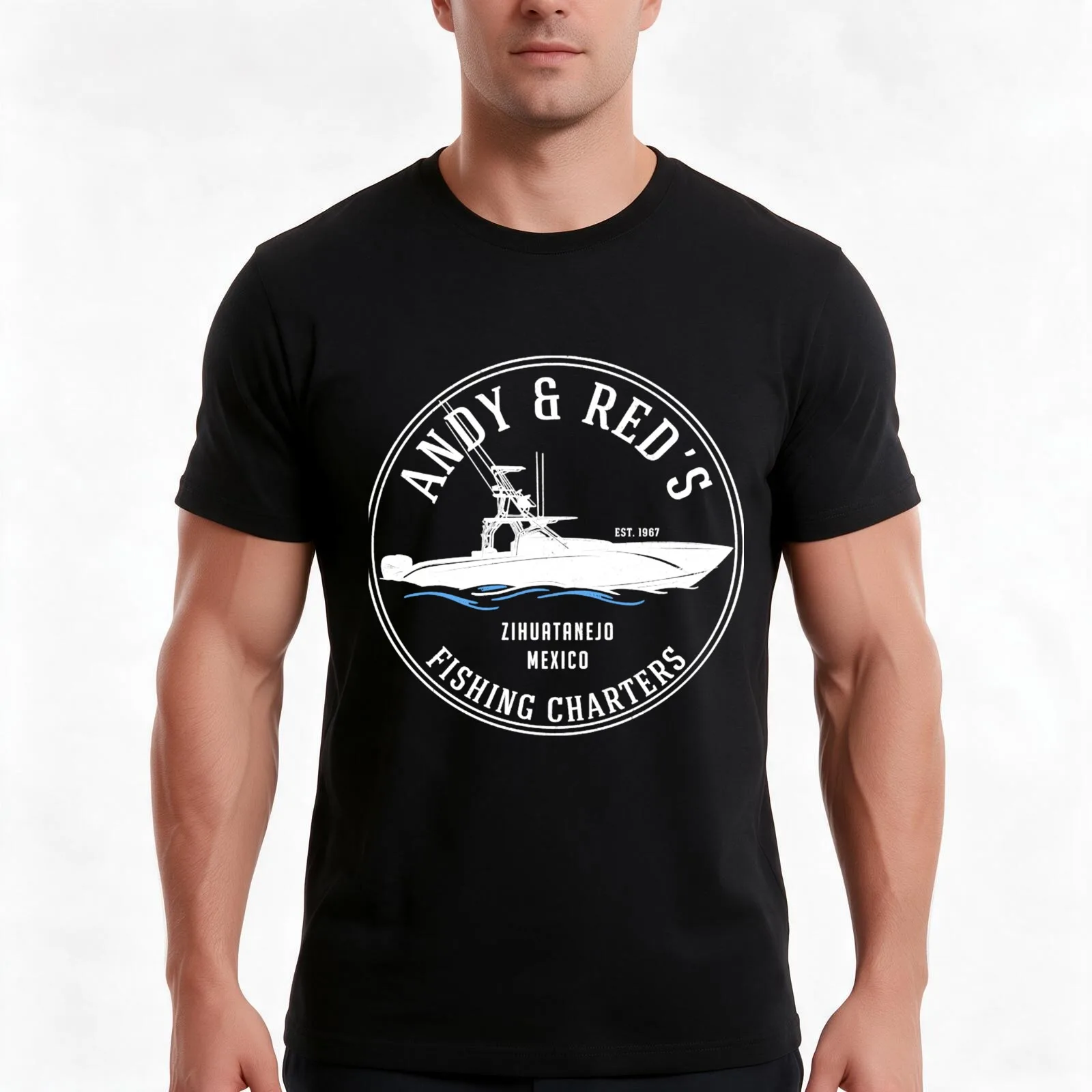 Andy & Red's Fishing Charters T-Shirt, Summer Casual Cotton Tee, Oversized Streetwear Tops, Vintage Graphic Print, 100% Cotton