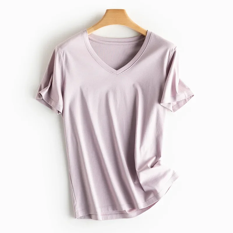 MRMT 2024 Brand New Women's Mulberry Silk Mercerized Cotton T Shirt Women's Loose Simple V Neck Slim Short Sleeve