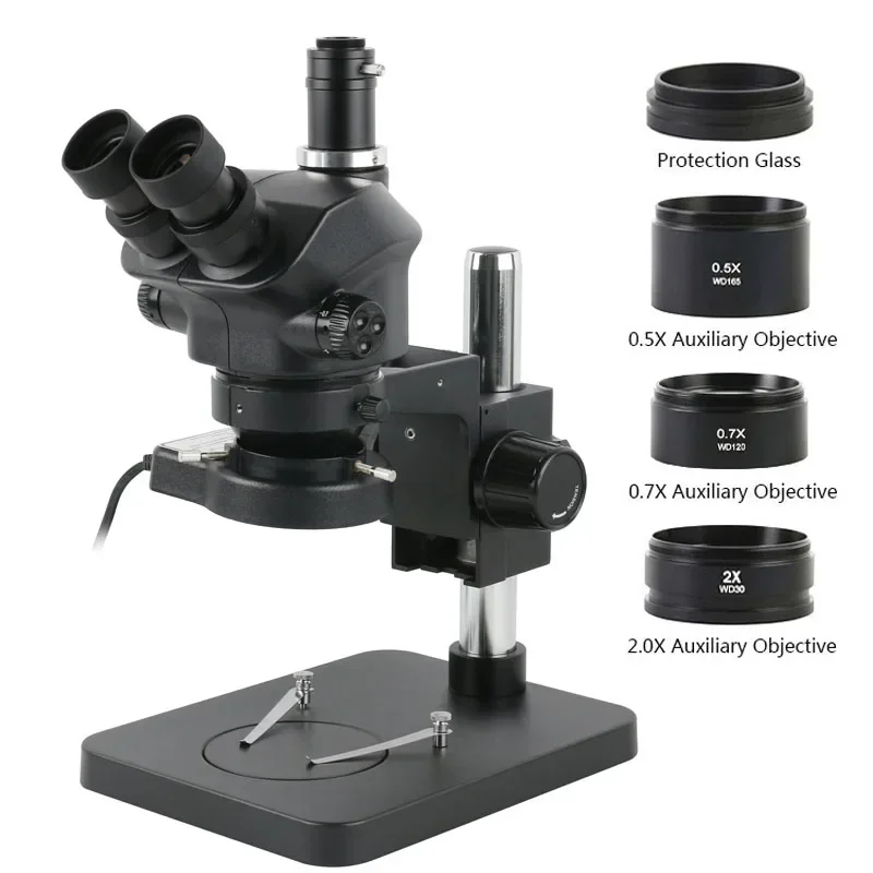Microscópio Trinocular Estereofônico Simul-focal Industrial Lente Objetiva Solda do Pwb Reparo do Telefone 7x50x 2.0x 0.7x 1x 0.75x