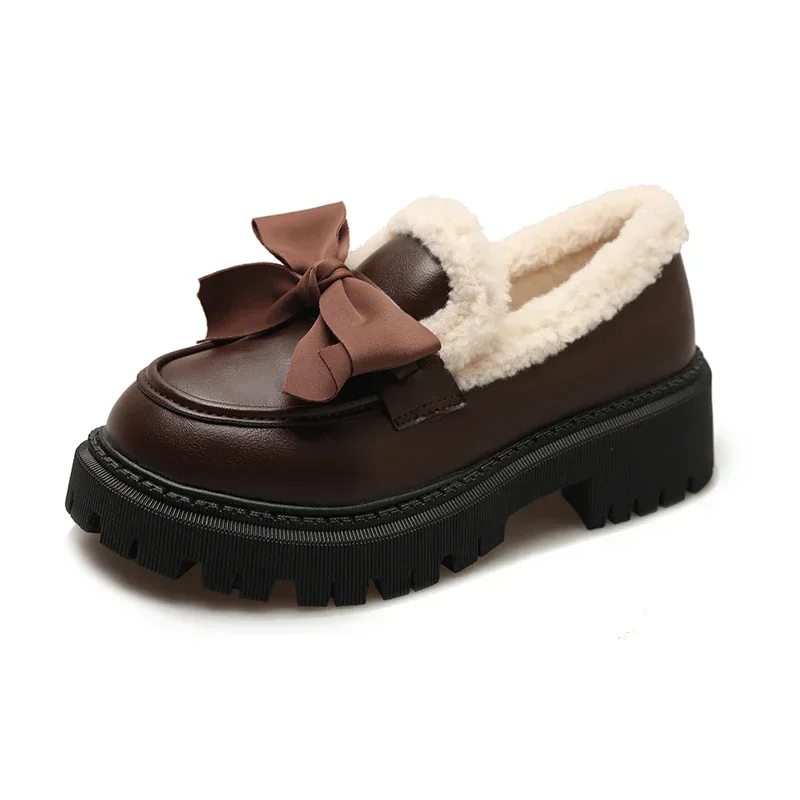 

Leather Shoes Women 2024 Round Head Comfort Loafers Thick Bottom Lolita Casual Warm Cotton Shoes Shallow Mouth Mary Jane Shoes