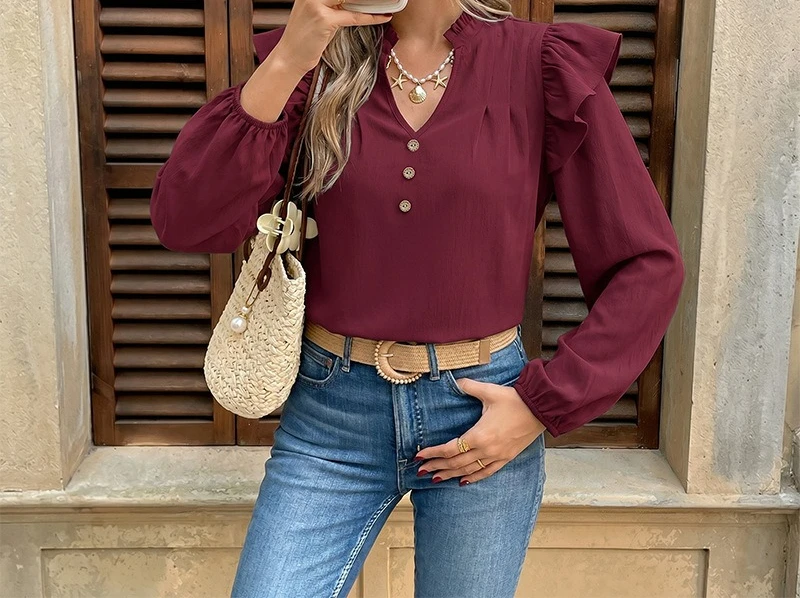 Women's Spring and Summer 2026 New Red Ruffle Edge Long-sleeved Design Shirt