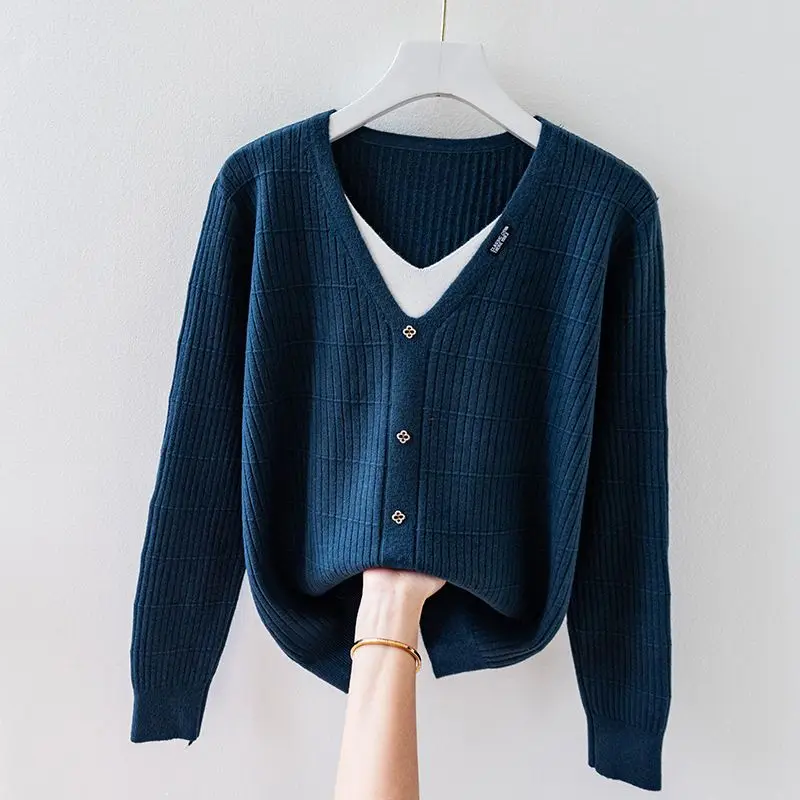 

Loose Knitted Sweaters for Women Sueters De Mujer Youthful Wear To Work on Promotion Outerwears Fake Two Piece Female Pullover