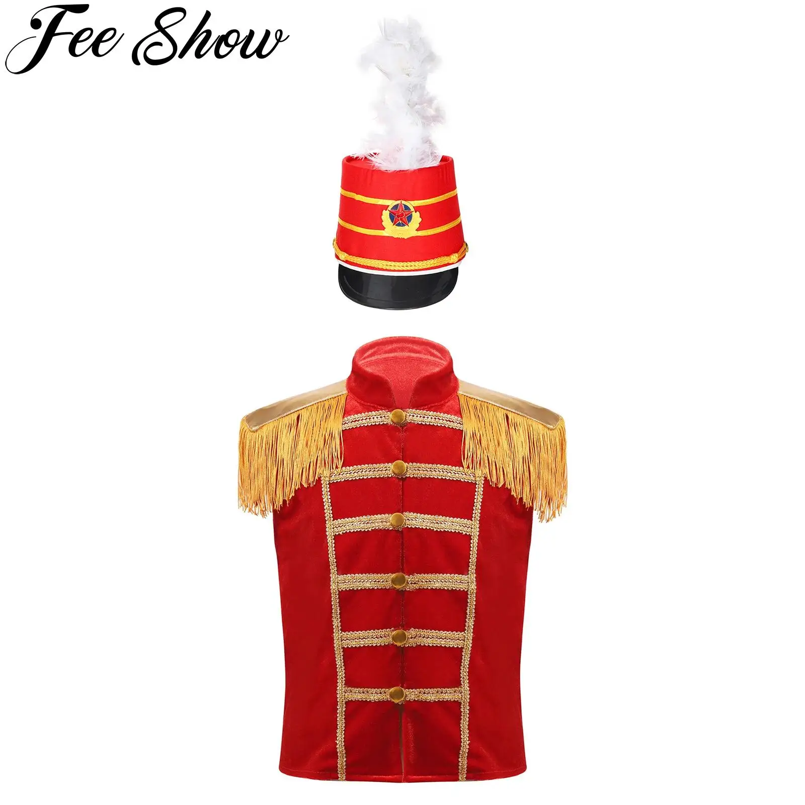 Kids Flag Raiser Honor Guard Costume Drum Trumpet Team Marching Band Performance Uniform Sleeveless Tassel Vest Tops with Hat