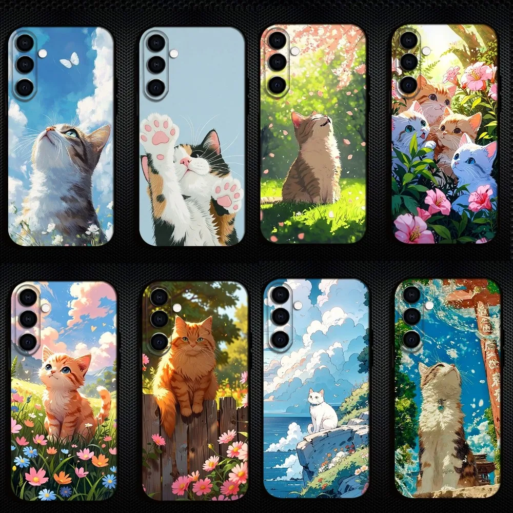 

Beautiful Cat Cartoon Phone Case For Samsung Galaxy A73/A72/A71/A70/A53/A52/A51/Others Soft Black Shell