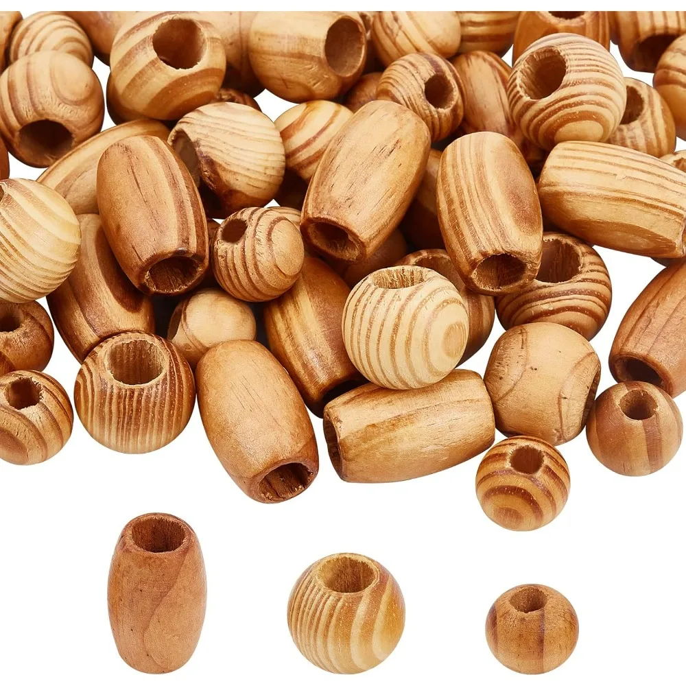 60 Pcs Natural Wood Beads Loose Wood Beads Large Hole Wood Spacer Beads for Craft Making DIY Jewelry - Barrel & Rondelle