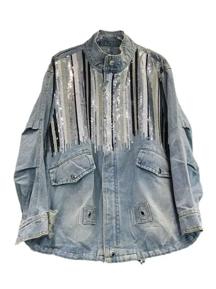 

2025 Autumn Trendy Fashion Women Striped Sequins Design Loose Denim Coat Turn-down Collar Long Sleeve Jacket Female