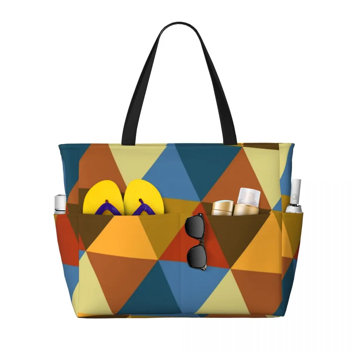 

70s Retro Abstract Geometric Triangles Large travel bag Waterproof Tote Beach Bag Large Capacity Travel Shopping bags