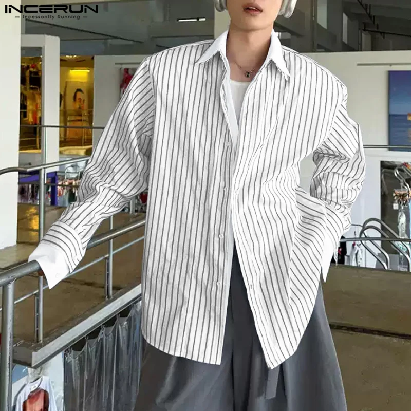 

INCERUN Мужская рубашка в полоску в стиле пэчворк с лацканами и длинным рукавом, свободная мужская одежда, уличная одежда, 2025 г., модные повседневные мужские рубашки в корейском стиле