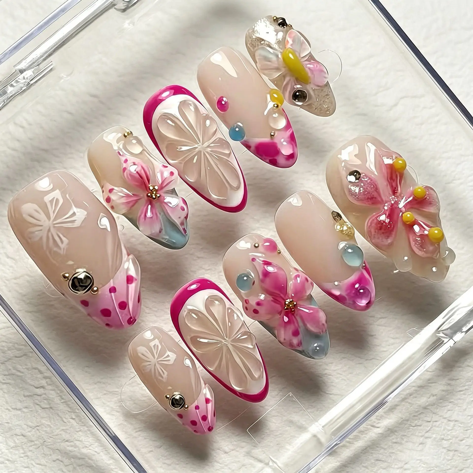 24Pcs Purple Aurora Gradient Press on Nails Full Cover 3D Flower French Almond False Nails with Polka Dot Wearable Manicure Tips