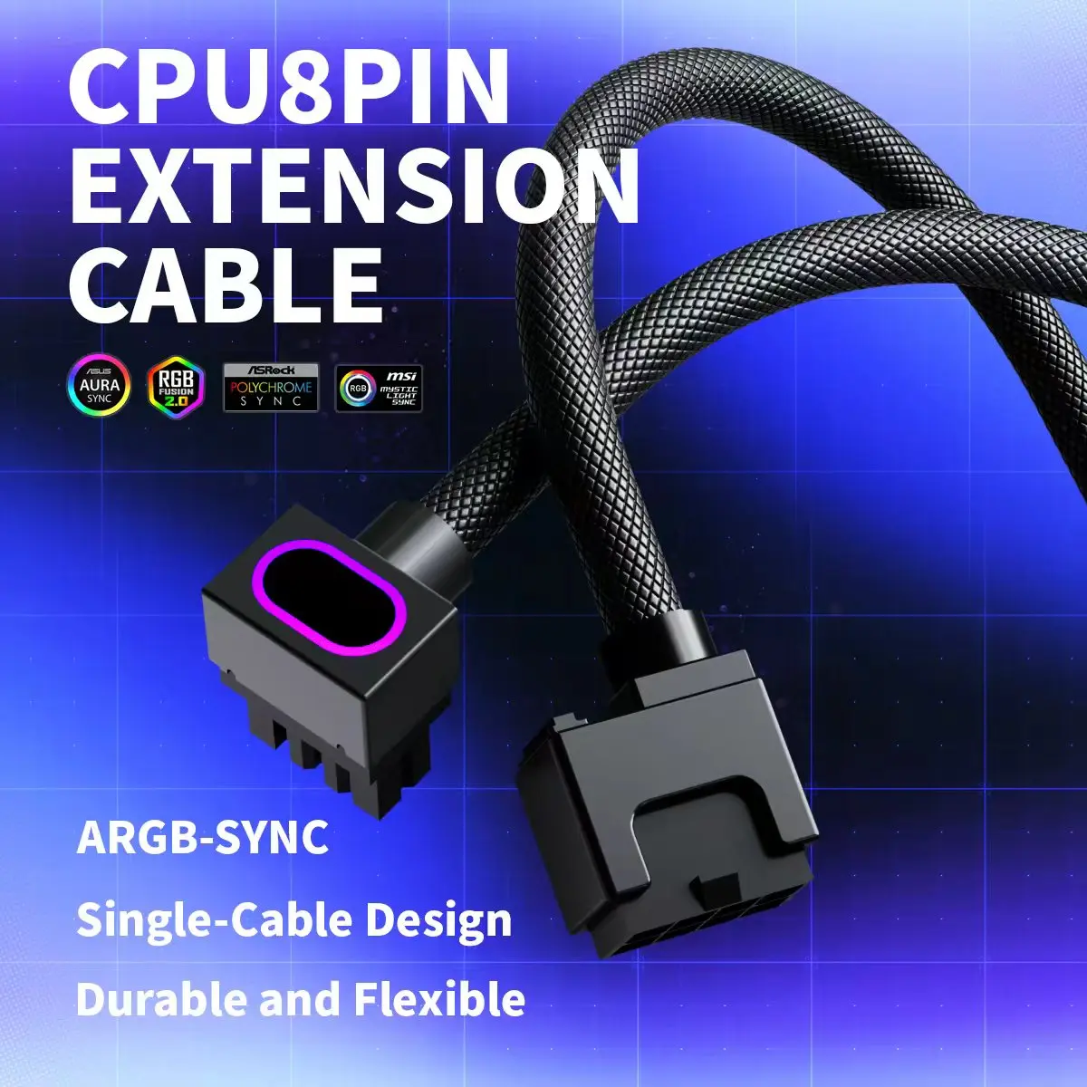 AIJS CPU8PIN Motherboard Extension Cable, ARGB PC Cable with 5V 3Pin,18AWG 90° Right-Angle Design,Male-to-Female Connectors 8Pin
