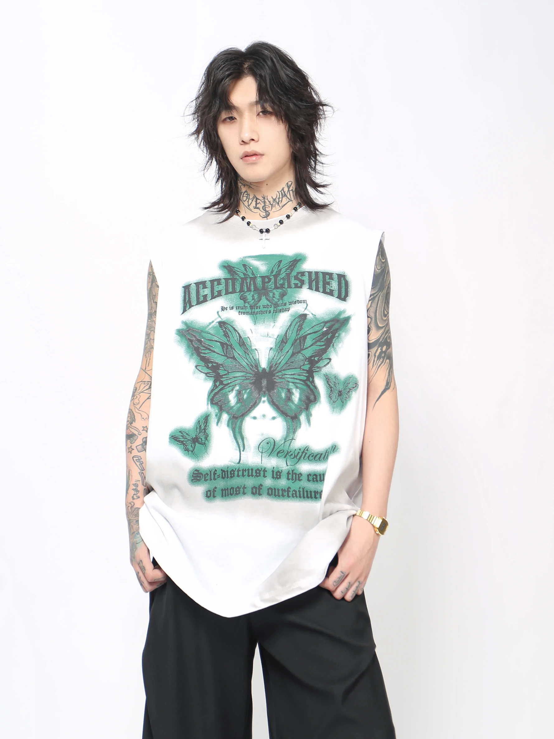 2025 Summer New High Street American Style Design Sleeveless Black T-Shirt Vest Men's Loose Butterfly Print Vintage White Top