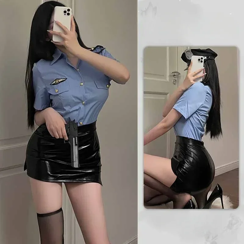 Blue Sexy Women Police Uniform Adult Clubwear Halloween Carnival Game Party Cosplay Costumes T-shirt+Mini Skirts Lingerie Set