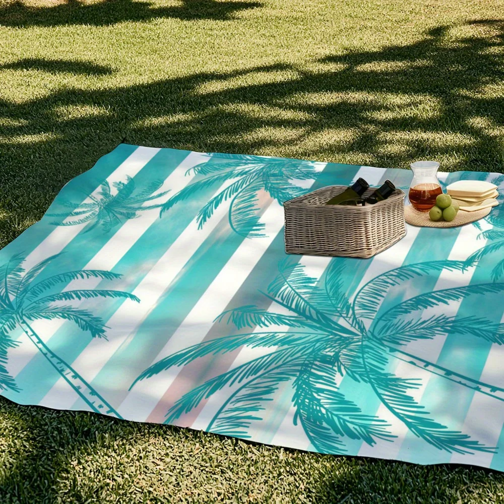 1PC Outdoor Beach Blanket, Green Coconut Tree Stripe Print, Portable Printed Beach Mat, Easy to Clean, 100% Polyester Fabric