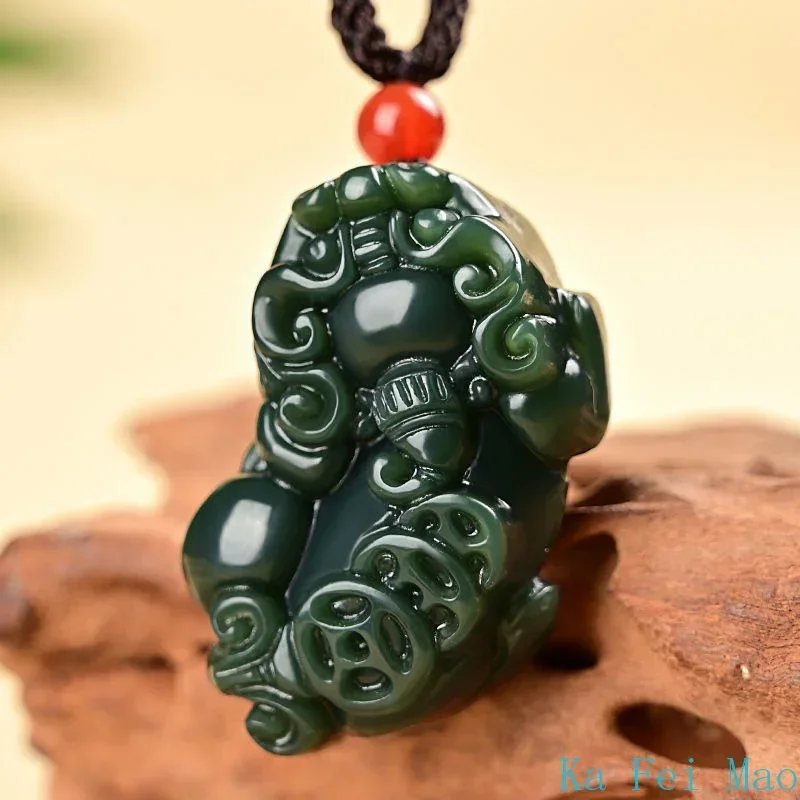 New Beautiful Natural Dark Green HeTian Jade Carved Chinese Coin PiXiu Lucky Pendant Amulet Necklace for Man Charm Fine Jewelry