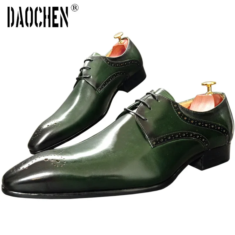 Luxury Brand Derby Men Shoes Lace Up Pointed Toe Brogue Green Black Shoes Casual Dress Wedding Office Leather Shoes Men