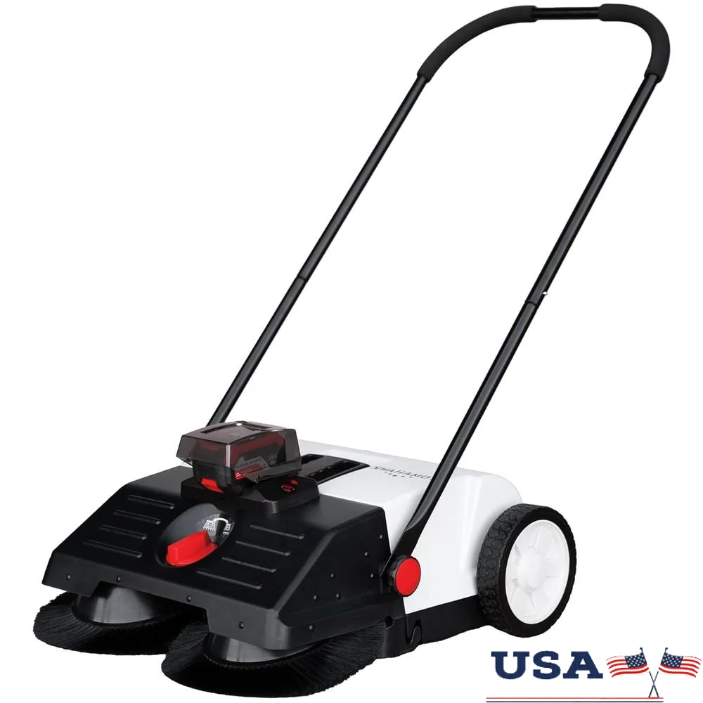 22 Inch Battery Powered Push Sweeper 18V Lithium Ion Dual Brush System Adjustable Settings Easy Operation Efficient Cleaning