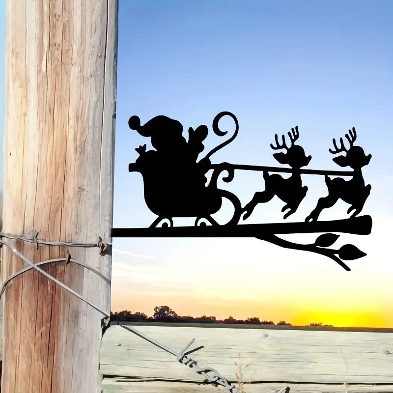 1set Two Little Deers Pulling Sleds On Branch Iron Art Silhouette Home Garden Yard Patio Outdoor Decoration Christmas Decoration