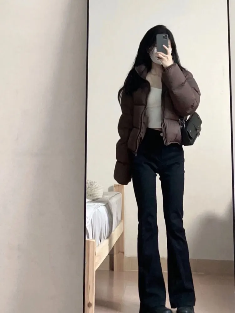 

Женская зимняя модная укороченная куртка-пуховик Cé Brown: ультрамилая хлопковая куртка с воротником-стойкой, маленький размер