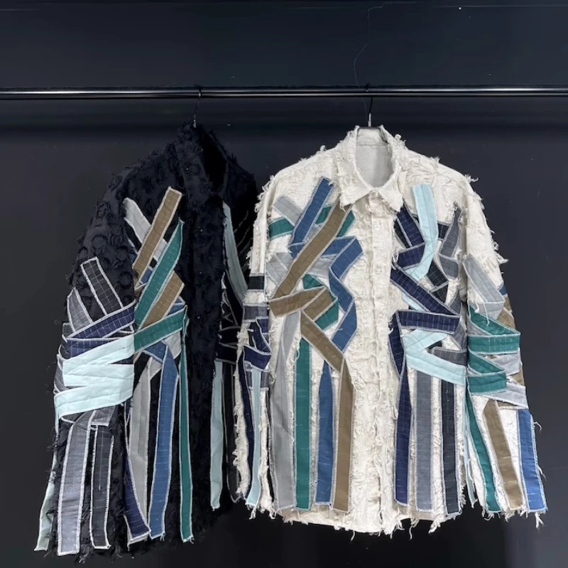 High Street Creative Design Shirt Couple's Long Sleeve Loose Streetwear Hip Hop Shirt Trend Men Ribbon Woven Tassel Blouse Tops