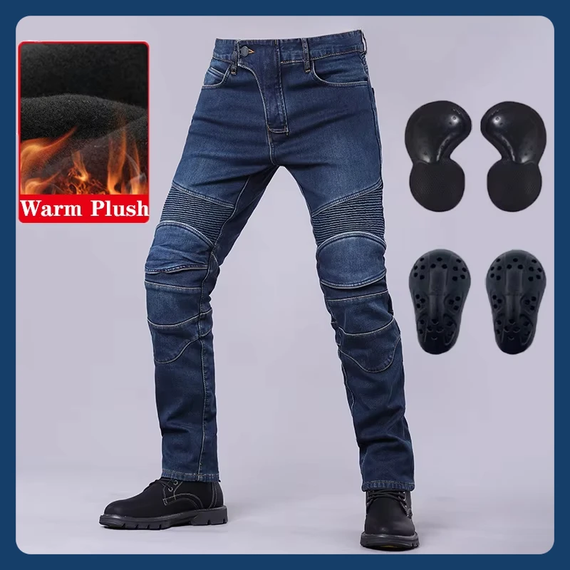 2025Winter Autumn Motorcycle Jeans Outdoor Riding Warm Plus Plush Windproof Drop-resistant Motorbike Pants With Protective Gear