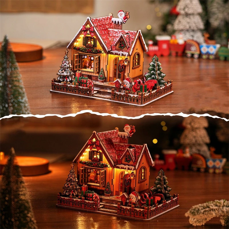 DIY Wooden Christmas Cottage Figurines Miniatures Kits Casa for Friends Birthday Xmas Gifts Home Decor Crafts