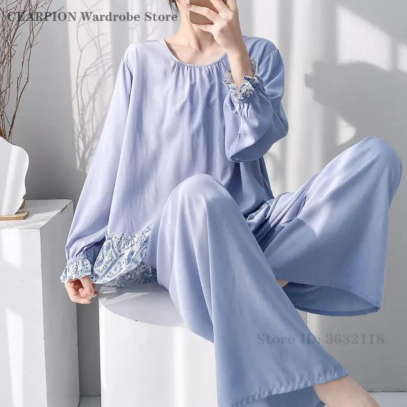 

Женский комплект пижамы с оборками и вставками, свободный повседневный домашний костюм с круглым вырезом и длинными рукавами, ночная одежда, домашняя одежда