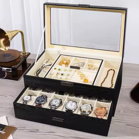 12-slot Lockable Watch Storage Box,Jewelry Display Box With Drawers, 2-tier Watch And Glasses Display Box With Glass Lid