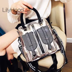 Women Rhinestone PU Vegan Leather Convertible Everyday Silver Handbag Backpack Shiny Patent Leather College School Book Knapsack